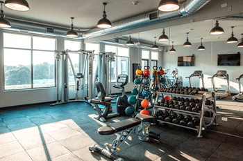 a workout room with weights and a large window